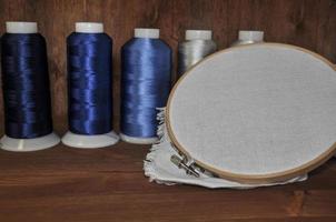 Set for embroidery of colorful threads, hoops, thimble and need photo