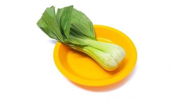 repollo pak choi fresco o repollo chino en un plato amarillo aislado de fondo blanco. bok choy, pak choi o pok choi vegetal. foto