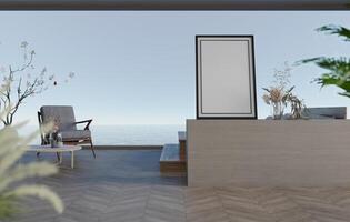 3D mockup blank photo frame in living room rendering