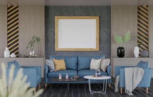 3D mockup blank photo frame in living room rendering