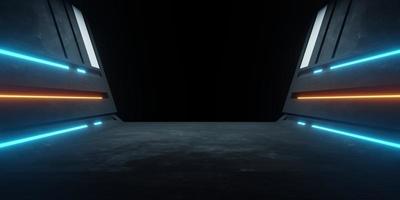 Representación 3d del corredor de la nave espacial hormigón de fondo azul naranja brillante de neón. concepto ciberpunk. escena para publicidad, sala de exposición, tecnología, futuro, moderno, deporte, metaverso. ilustración de ciencia ficción foto