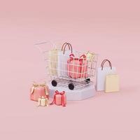 shopping cart surrounding by giftbox and shopping bags photo