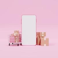 mockup 3d mobile phone surrounding by shopping cart and boxes package photo