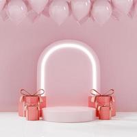 Pink background with gift box and floating balloons photo