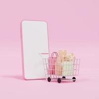 mockup 3d mobile phone with shopping cart full of box packages and shopping bag photo