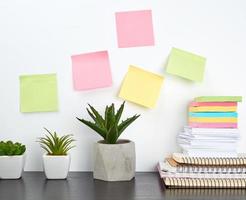 stack of spiral notebooks and colored stickers, next to a ceramic pot with a flower photo