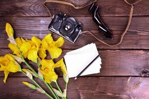 Old film camera and a bouquet of yellow irises photo