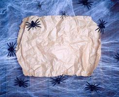 roll of untwisted brown paper on a white web and black spiders, empty place for writing photo