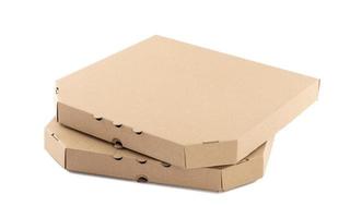 caja de pizza de cartón marrón cerrada sobre fondo blanco. envases de comida para llevar foto