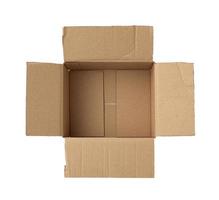 open empty square brown cardboard box for transportation and packaging of goods photo