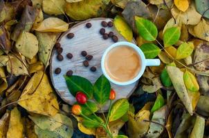 taza de café entre las hojas amarillas caídas foto