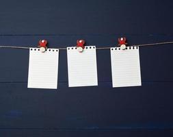 empty white notebook paper sheets hanging on decorative holiday clothespins photo