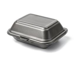 disposable food container. Gray box of polystyrene on a white background photo