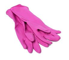 un par de guantes de goma de protección rosa para limpiar sobre un fondo blanco foto