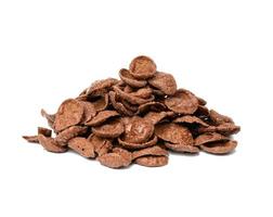 pile of chocolate cornflakes isolated on white background, dry morning breakfast photo