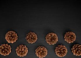 brown pine cones on a black wooden background photo