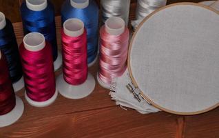 Multi-colored thread and fabric in the hoop for the embroidery and sewing photo