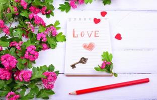 Open paper notebook with the inscription love photo