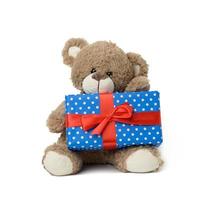 cute brown teddy bear holding a box wrapped in blue paper and red silk ribbon on white isolated background photo