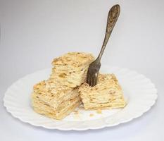 cake pieces on a white background on a plate with a fork photo