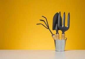 Miniature garden tools in a metal bucket on a yellow background photo