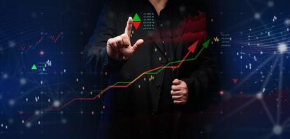 Graph of price growth and indicators. Analysis of indicators on a virtual screen by a businessman in a suit. photo