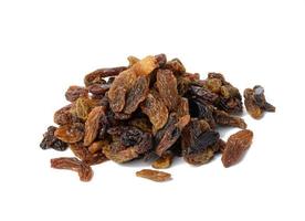 bunch of dried brown raisins isolated on white background photo