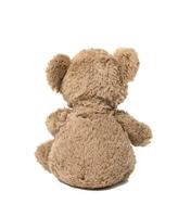 cute brown teddy bear sitting back on white isolated background photo