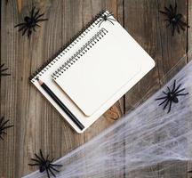open notebook with blank white pages, spider web and black spiders photo