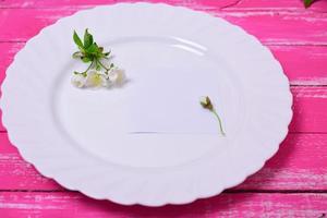 Empty white plate on a pink wooden surface, top view photo