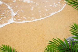 fondo de textura de arena, piedra de roca y marco de hojas de palma borrosas, playa tropical de vista superior con hoja de coco borrosa en arena marrón, fondo de fondo duna de arena del desierto para la presentación de productos de verano foto
