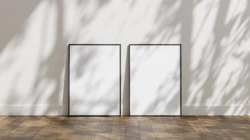 Frame poster mockup on wooden floor with white wall and sunlight shadow overlay photo