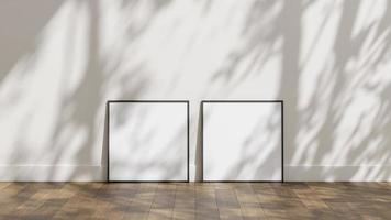 Frame poster mockup on wooden floor with white wall and sunlight shadow overlay photo