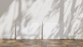 Frame poster mockup on wooden floor with white wall and sunlight shadow overlay photo