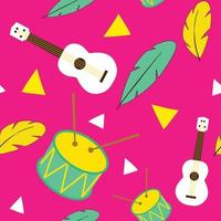 Carnival seamless pattern. Vector illustration with ukulele, feather and drum.