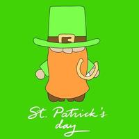 Saint Patrick's Day square banner. Leprechaun with horseshoe. Vector illustration.