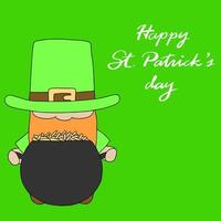 Happy st. Patrick's Day card. Leprechaun with cauldron and coins. Vector illustration.