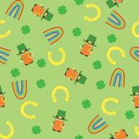 Saint Patrick's Day pattern. Seamless holiday pattern with leprechaun, rainbow, shamrock and horseshoe. Vector illustration.
