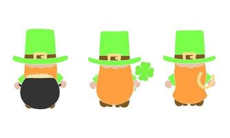 Set of leprechauns. Leprechaun with cauldron and coins, shamrock, horseshoe. St. Patrick's element, symbol. Vector illustration.