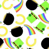 Pattern with Patrick's elements. Seamless pattern with cauldron, coins, leprechaun's hat, rainbow, horseshoe. Vector illustration.