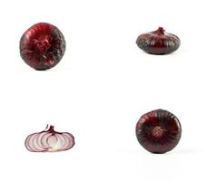 set of red onions in different angles in the husk isolated on white background photo