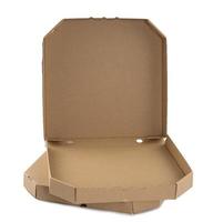 caja de papel de pizza de cartón abierto marrón en blanco sobre fondo blanco. plantilla de embalaje foto