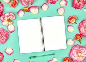 notebook with white blank pages on a green background photo