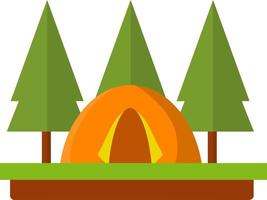 Orange tent in woods. Outdoor activity. Camp and hike. campfire and rest in forest. Trip to nature. Cartoon flat illustration vector