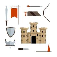 Medieval set of item. European castle with tower, shield, sword, red flag, tournament, arrow, bow, quiver, helmet of Viking. Historical subject. Cartoon flat illustration. Old armor and knight weapons