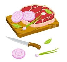 Piece of raw meat on chopping Board. Chops and ingredients. Cooking food. Kitchen and restaurant elements. Flat cartoon illustration. Fresh pork and knife vector