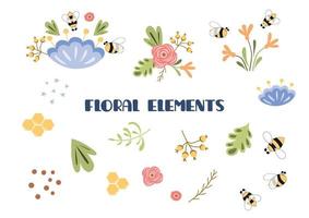 conjunto de elementos florales. imágenes prediseñadas de verano. linda colección dibujada a mano de flores, hojas, plantas, insectos, abeja, miel aislada en blanco. hermosa ilustración de spa para tarjetas de decoración, impresiones, pancartas. vector