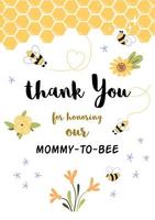 plantilla de invitación de baby shower de abeja. gracias por honrar a mami a la abeja, pequeña miel. tarjeta dulce con fondo de panal. lindo diseño de tarjeta amarilla de agradecimiento con abejas. ilustración de abeja vector