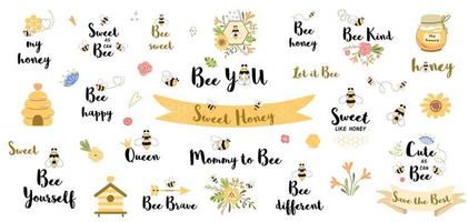 Be happy quote. Funny bee quotes phrases set with honey, flowers, bee heart, slogans, word honey, valentine bee collection. Cute summer yellow vector illustration with honey lettering Motivation card.