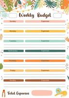 Weekly budget planner template for print. Week plan printable design for home budget, worksheet A4 size. Vector illustration. Bright tropical jungle frame, cute lion.